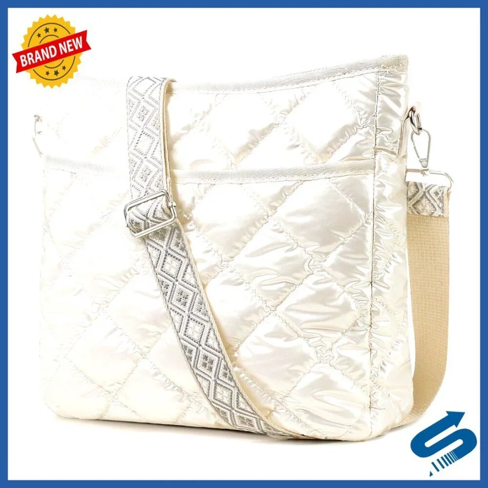 Quilted Crossbody Puffer Bag with Adjustable Strap, Foldable Design